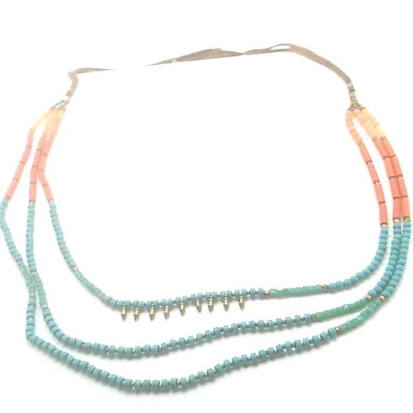 3 Strand Beaded Necklace Silver-tone Round Spacers & Spikes on 2 Leather Cords - Picture 10 of 16